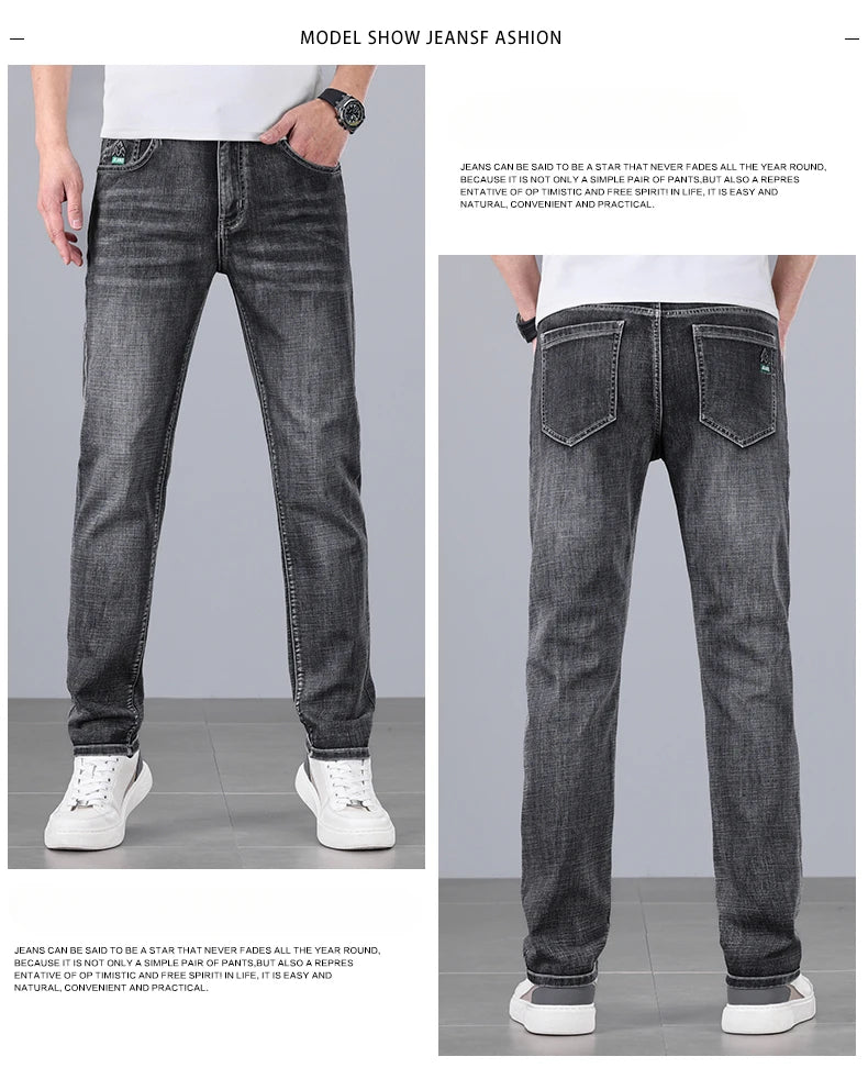 Men's Ultra-thin Stretch Casual Jeans New for Summer Business Fashion Straight Baggy Denim Trousers Blue Classic Style Male