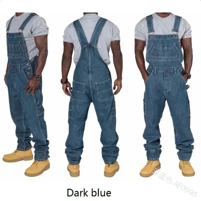 Jeans pour hommes 2025, salopette pour hommes, poches décontractées, amples, longs, pantalons en denim, slim, épissure droite, barboteuses, automne, grande taille, longs jeans pour hommes