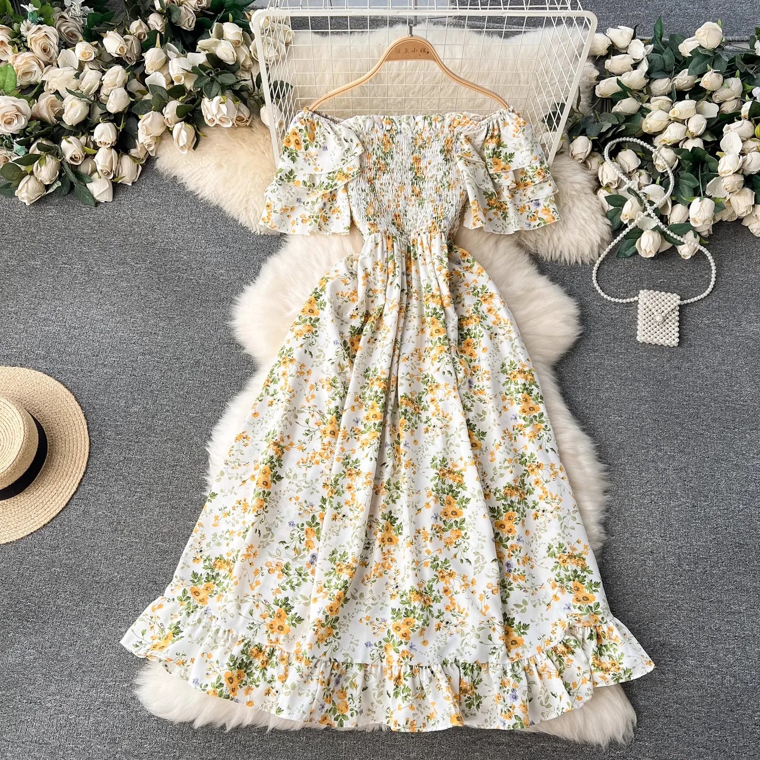 YuooMuoo Vacation Fashion Flower Print Chiffon Summer Dress Sexy Off Shoulders Elastic Waist Big Swing Long Dress Beach Vestidos