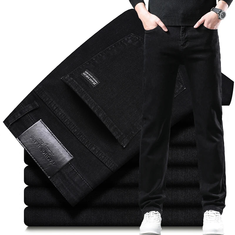 2025 Spring New Men's Straight Jeans Elastic Pant Classic Smoke Gray Casual Wear Mid Waist Casual Trousers Black Male Brand