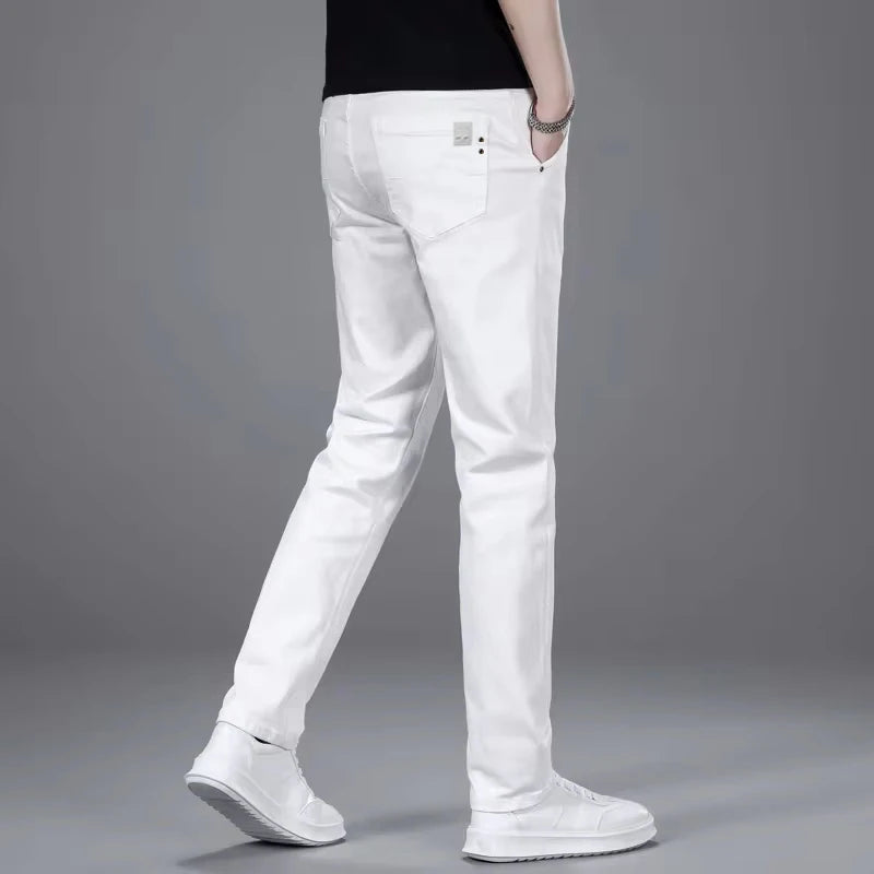 New Men's Fashion Classic Style Versatile Slim Jeans White Stretch Straight Soft Casual Denim Trousers Brand Clothing Male