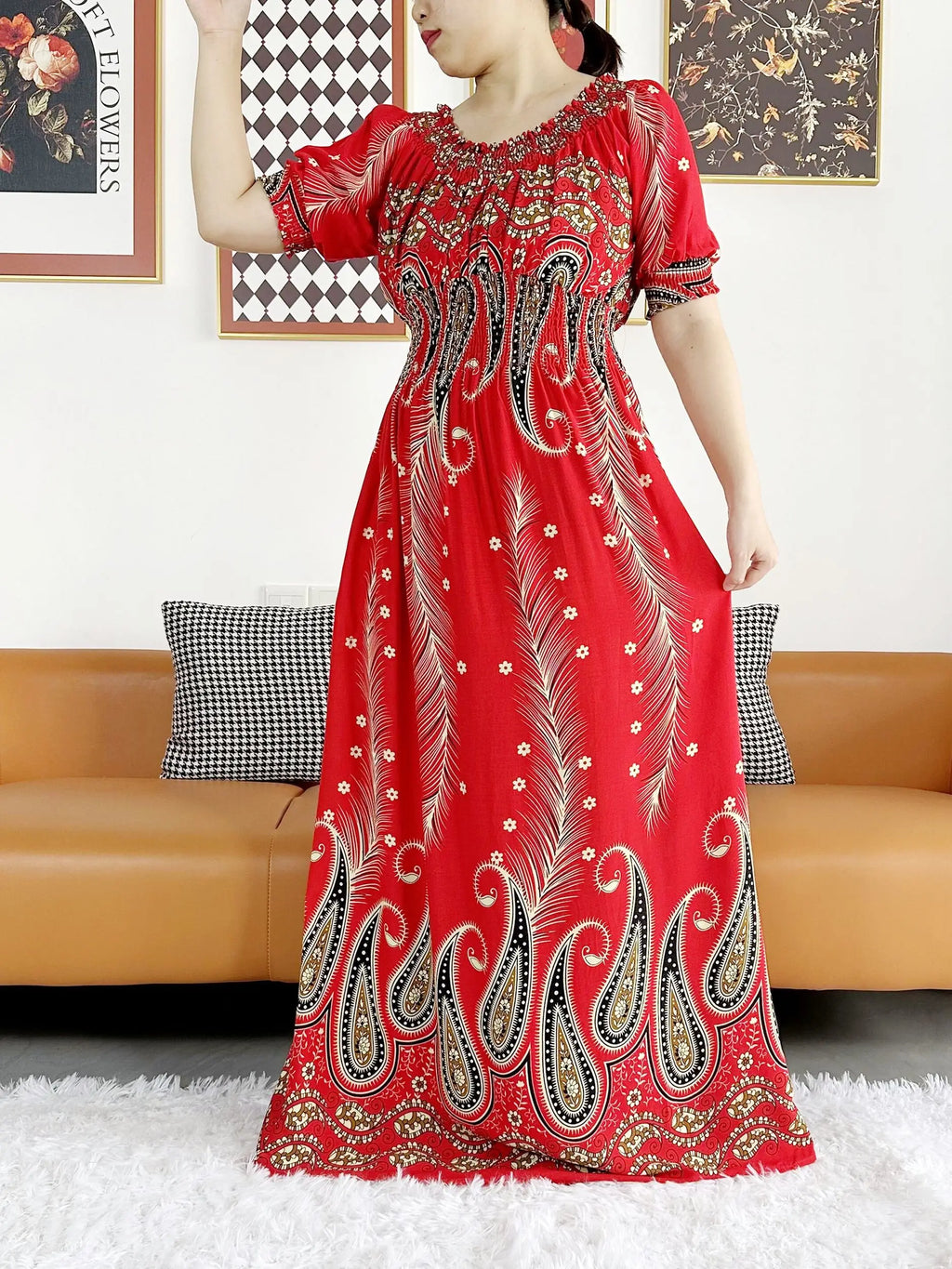 Women Party Dress Muslim Summer Short Sleeve Long Dress Collect Waist Floral Boubou Maxi Islam Women Dress African Abaya Clothes