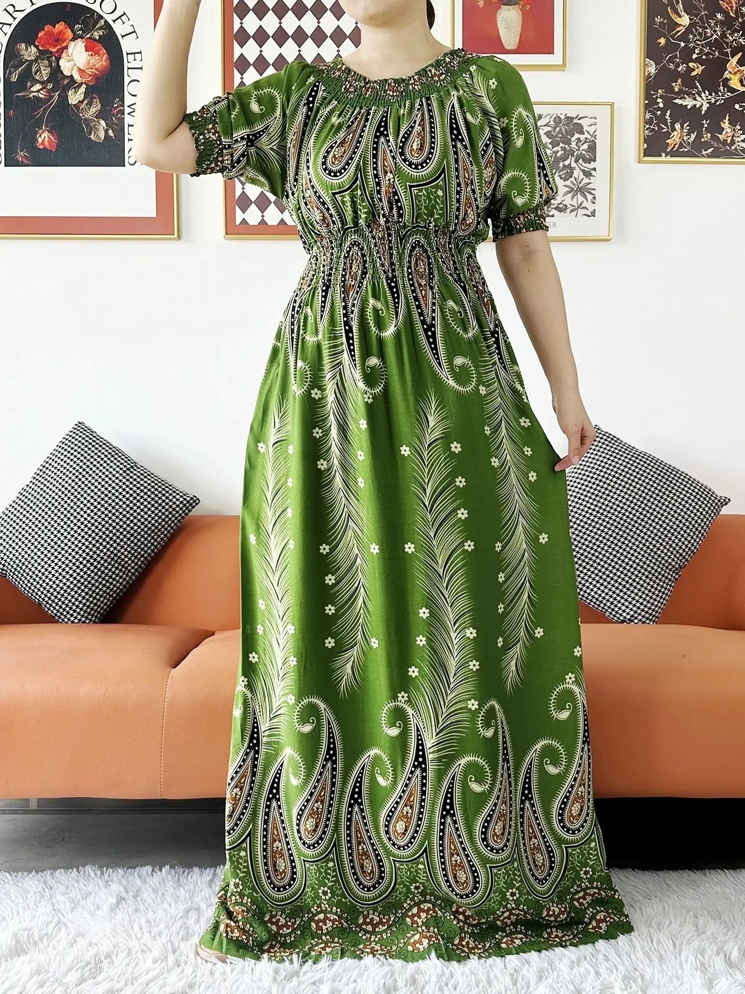 Women Party Dress Muslim Summer Short Sleeve Long Dress Collect Waist Floral Boubou Maxi Islam Women Dress African Abaya Clothes