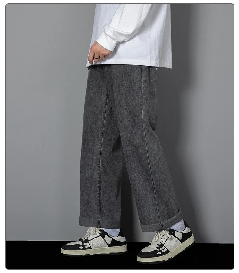 Jean long décontracté pour homme, style coréen, classique, droit, jambes larges, couleur unie, bleu clair, gris, noir, 2025