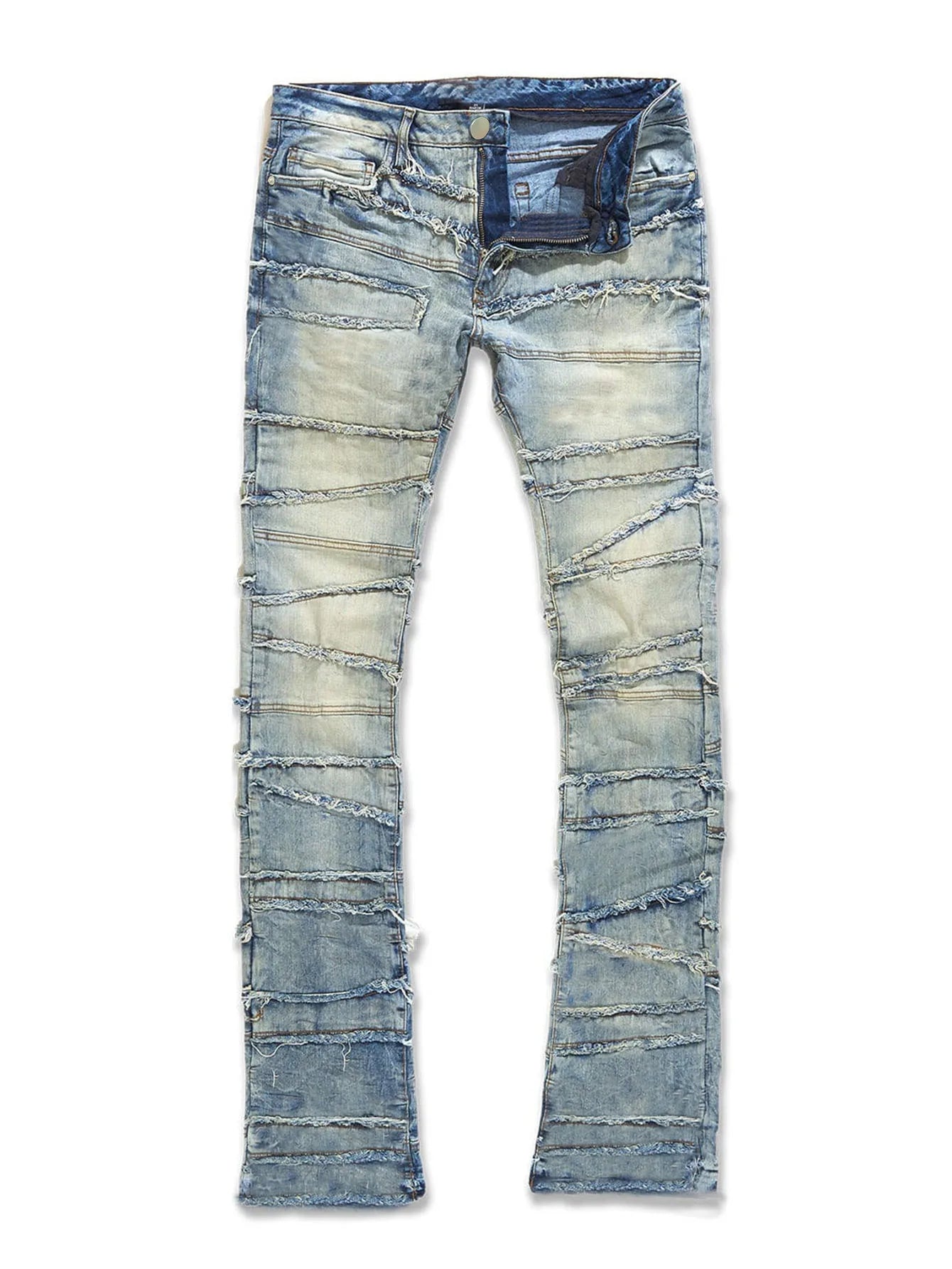 New Men's Patchwork Denim Pants Stacked Jeans Ripped Washed Frayed Pants Vintage Street Style Slim Fit Straight Trousers for Men