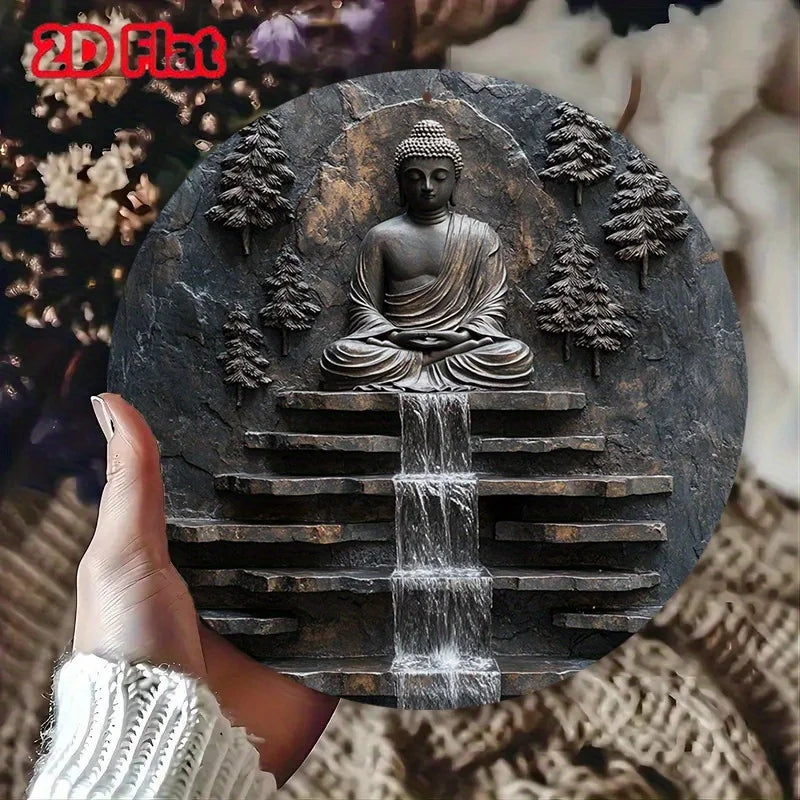 Décoration murale en métal représentant un Bouddha en méditation vintage, avec un moine serein et une cascade. Décoration murale pour jardin