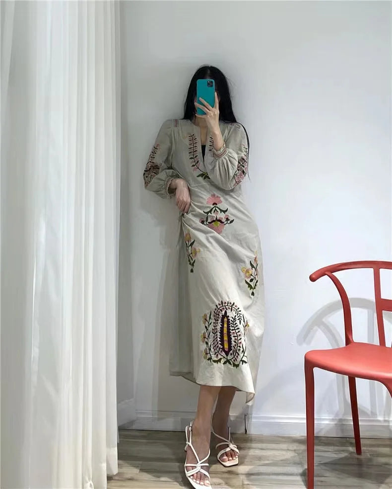 RARF 2024 New positioning heavy industry embroidery craft V-neck long dress Bohemian holiday style