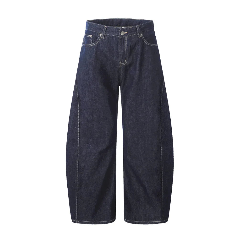 Washed Dark Jeans Men Top Stitch Retro High Street Loose Wide leg Scimitar Denim Pants Men Trousers