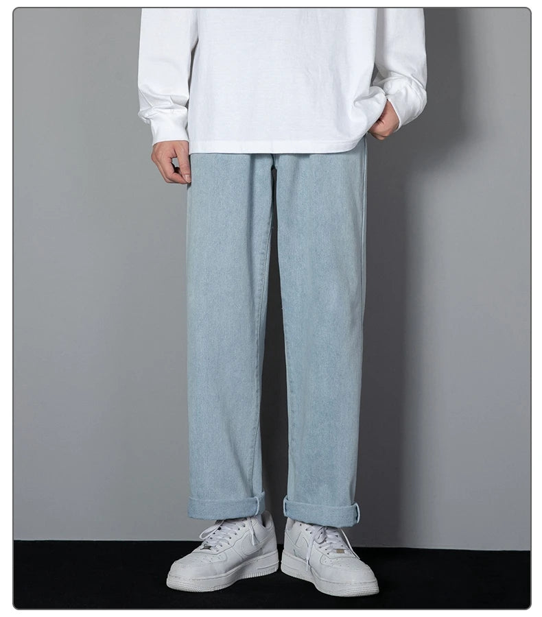 Jean long décontracté pour homme, style coréen, classique, droit, jambes larges, couleur unie, bleu clair, gris, noir, 2025