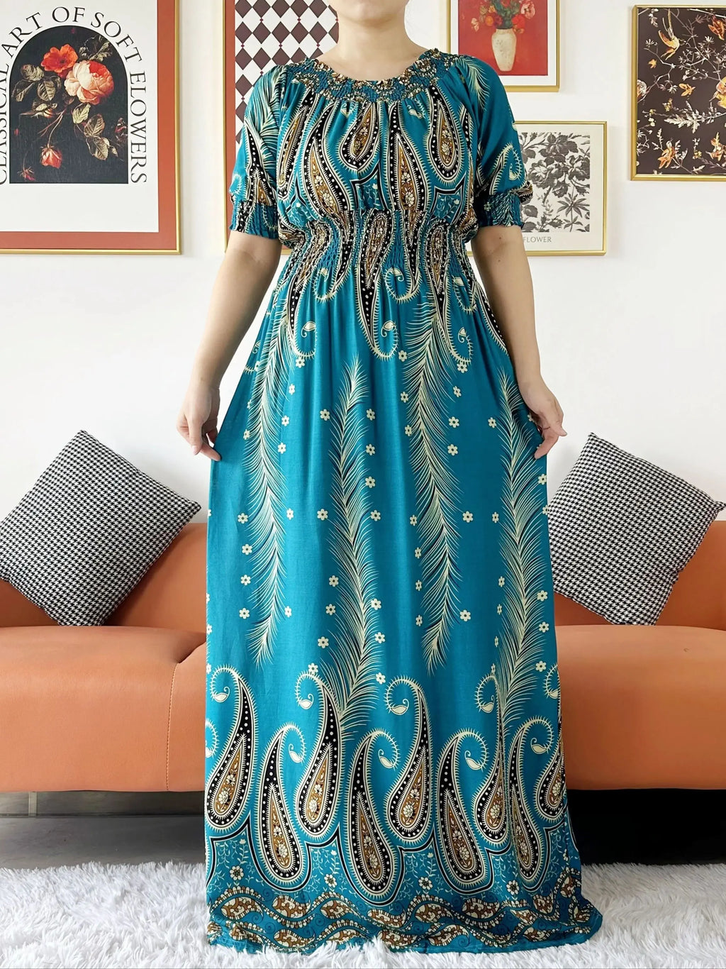 Women Party Dress Muslim Summer Short Sleeve Long Dress Collect Waist Floral Boubou Maxi Islam Women Dress African Abaya Clothes