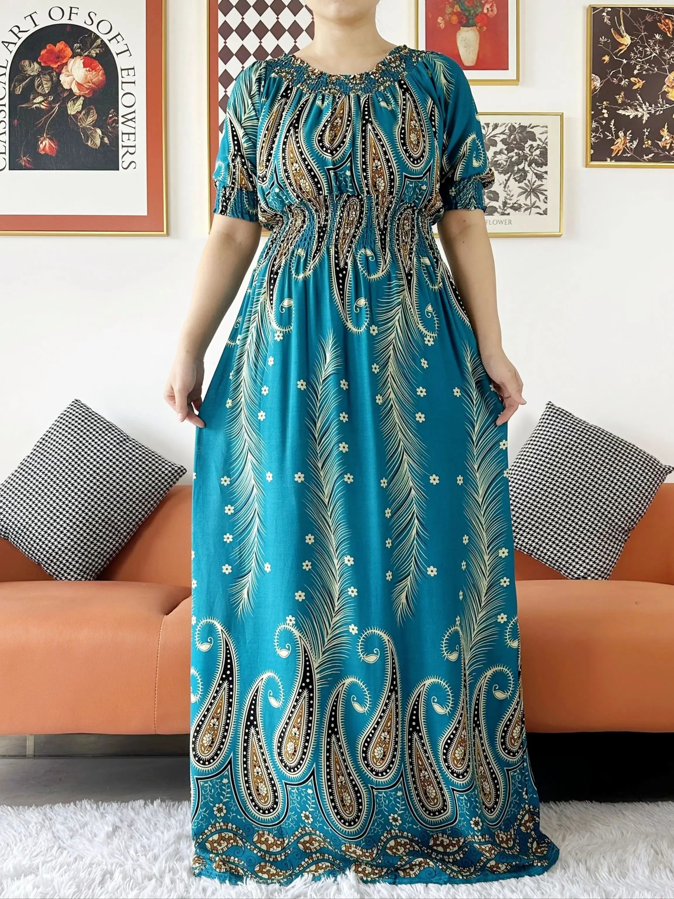 Women Party Dress Muslim Summer Short Sleeve Long Dress Collect Waist Floral Boubou Maxi Islam Women Dress African Abaya Clothes