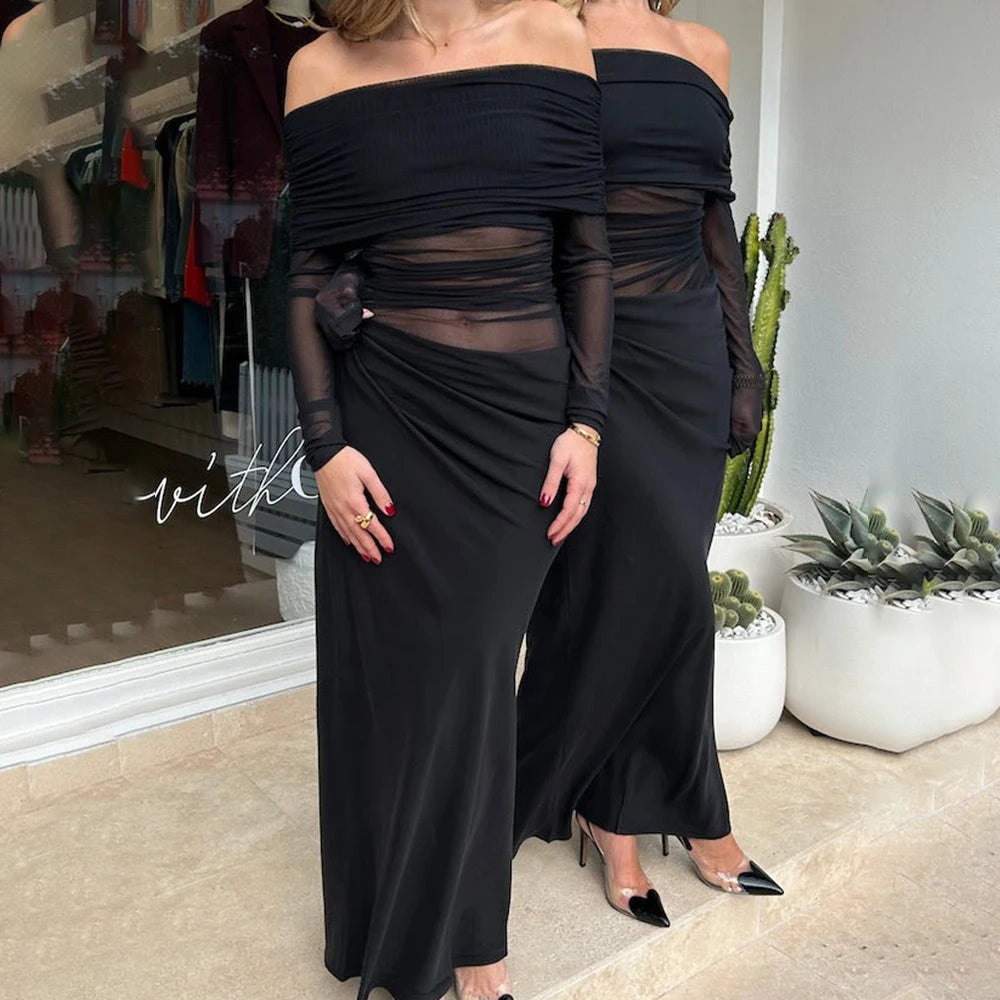 Tuularose Sexy Mesh Hollow Long Dress Women's Sexy One Shoulder Long Sleeve Patchwork Resort Dress Summer Party Evening Dress