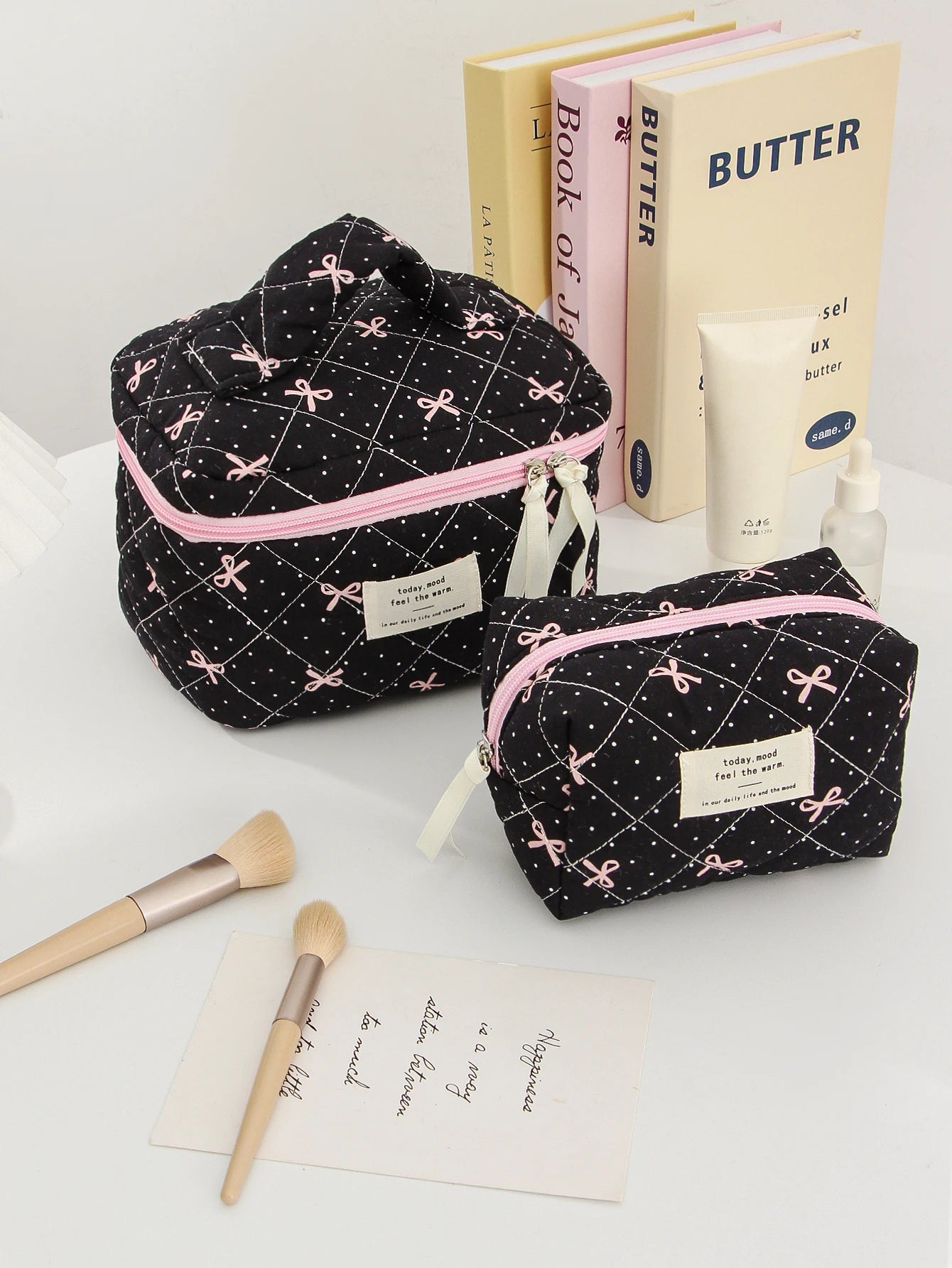 1pc/set Bow Quilted Makeup Bag, Multifunctional Portable Makeup Bag, Holiday Gift Makeup Bag, Travel Essential Makeup Bag