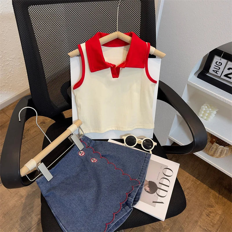 Children's Clothing Sets Lapel Sleeveless Top + Flip Cherry Embroidered Denim Shorts 2pcs Girls Clothes Set 2 To 7 Years