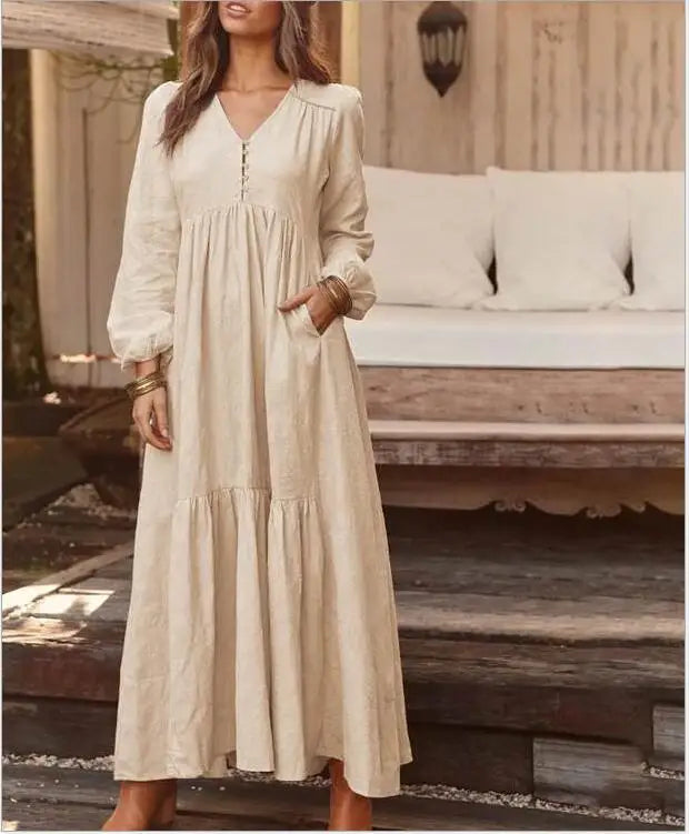 Dresses For Women Long Dress 2023 New Loose Fashion V-Neck Casual Solid Long Sleeve A-Line Sexy Dresses Elegant Ruffles Vestido