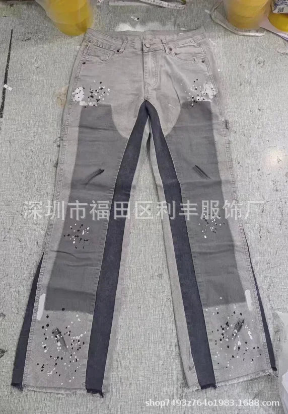 Pantalons de travail en jean pour hommes, vêtements de travail européens et américains, pantalons évasés en denim patchwork élastique superposé, tailles S à XXL