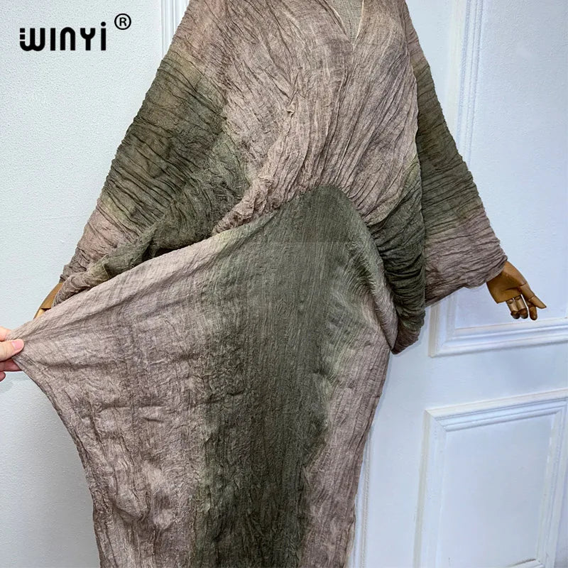WINYI Summer Tie-dyed retro wrinkled long dress Loose robe Femme Vestidos holiday beach cover up maxi kaftan abaya dubai luxury