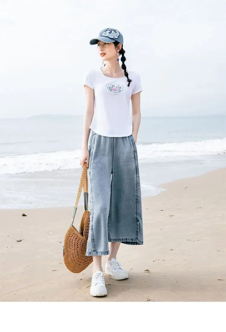 Jeans for Women Capris Embroidered Summer Elastic Waist Wide Leg Pants High Korean Women's Vintage Baggy Denim Popular Clothes
