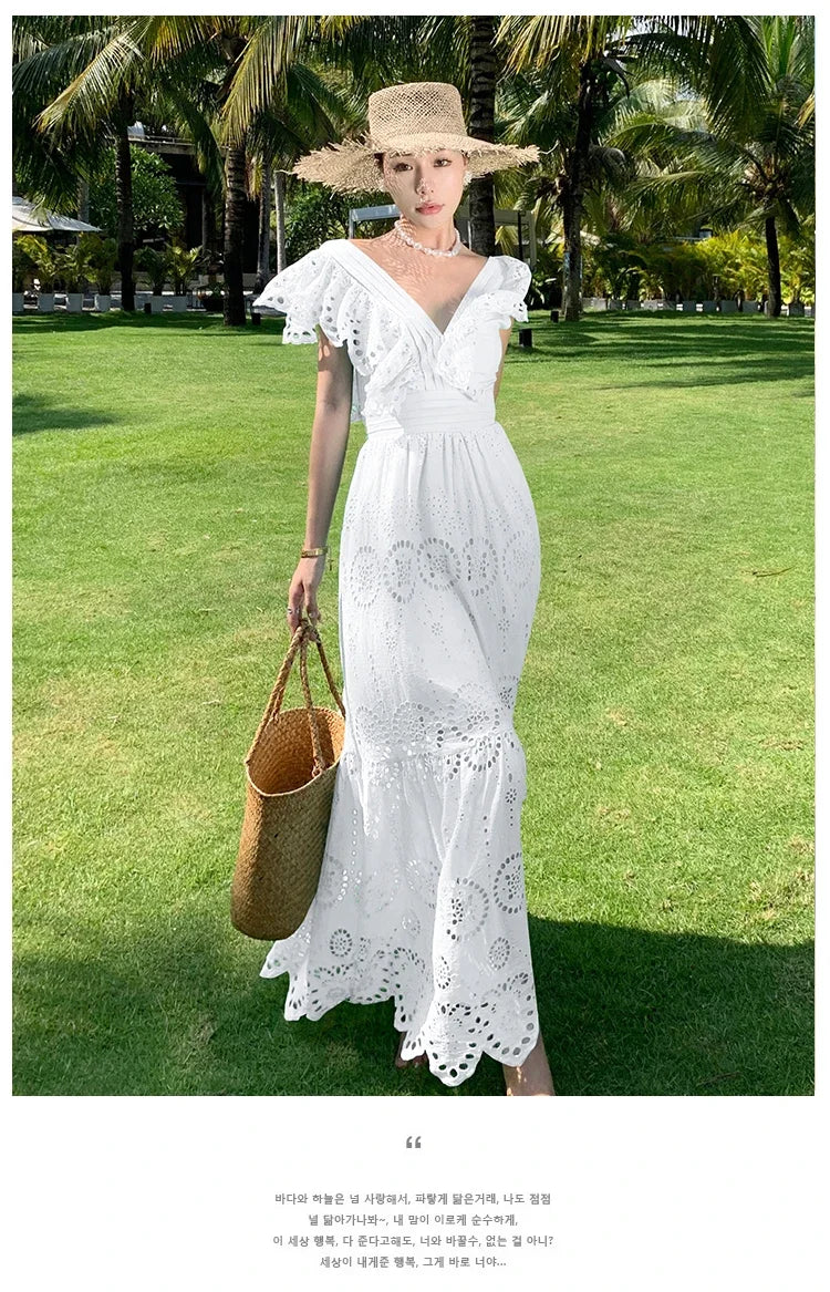 SMTHMA High Quality Hollow Out Embroidery Long Dress Women Sexy Deep V-Neck Ruffle Elegant Summer Dresses Female Clothing
