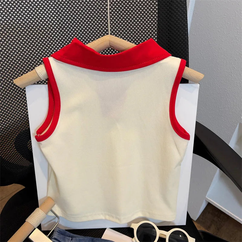 Children's Clothing Sets Lapel Sleeveless Top + Flip Cherry Embroidered Denim Shorts 2pcs Girls Clothes Set 2 To 7 Years