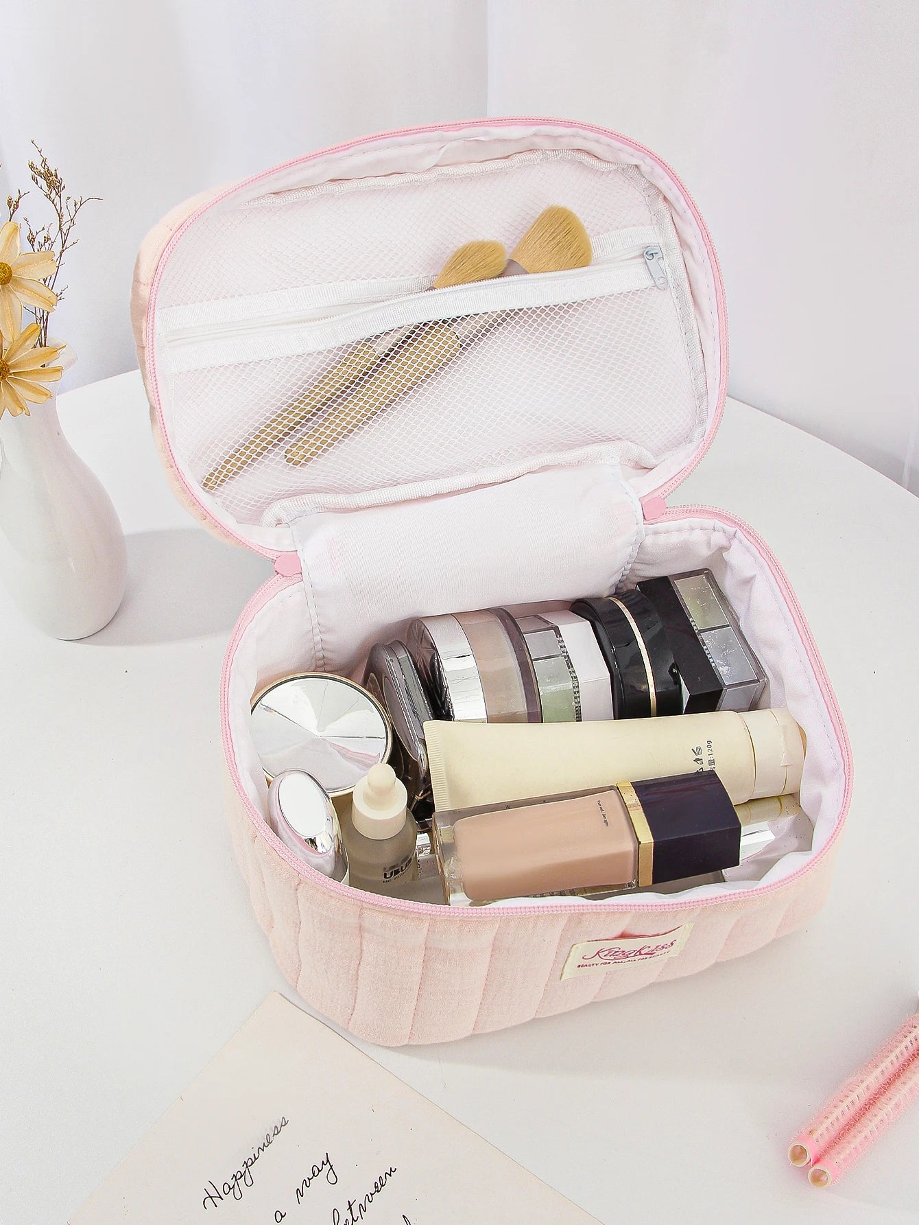 1pc/set pink quilted makeup bag, multifunctional makeup bag, handheld makeup bag, portable makeup bag set with zipper