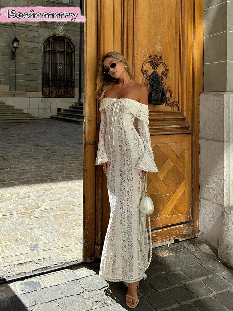 Sexy Women Hollow Out Slash Neck Lace Flared Sleeve Long Dress Elegant Laced Up Slim Fit Robes New Lady Evening Party Vestidos