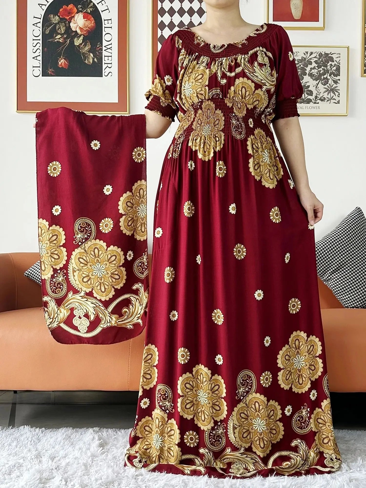 Women Party Dress Muslim Summer Short Sleeve Long Dress Collect Waist Floral Boubou Maxi Islam Women Dress African Abaya Clothes