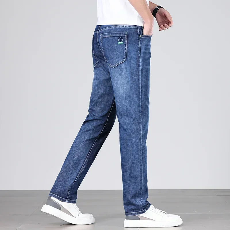 Men's Ultra-thin Stretch Casual Jeans New for Summer Business Fashion Straight Baggy Denim Trousers Blue Classic Style Male