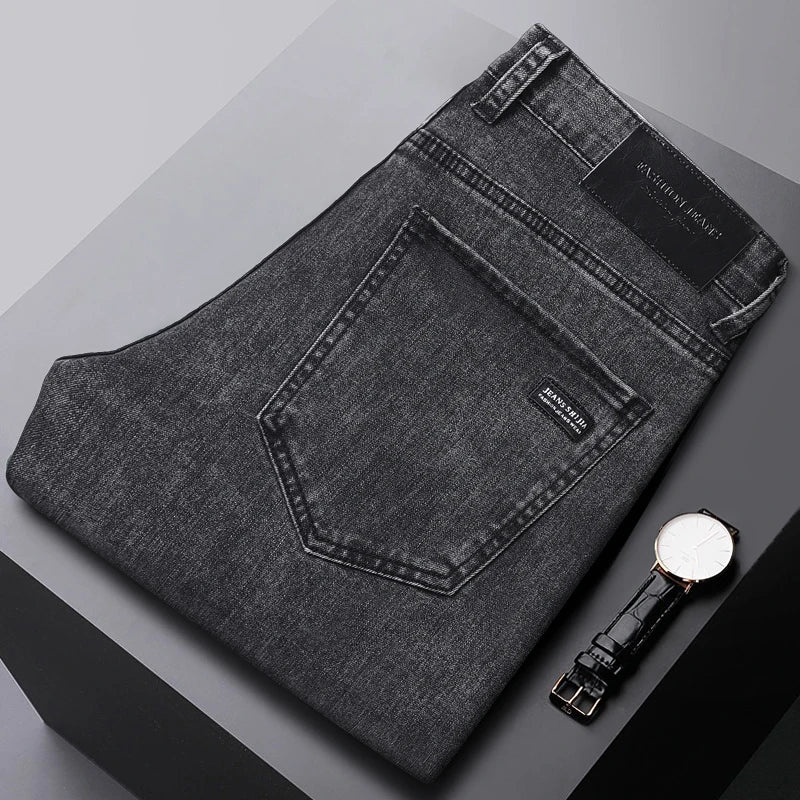 2025 Spring New Men's Straight Jeans Elastic Pant Classic Smoke Gray Casual Wear Mid Waist Casual Trousers Black Male Brand