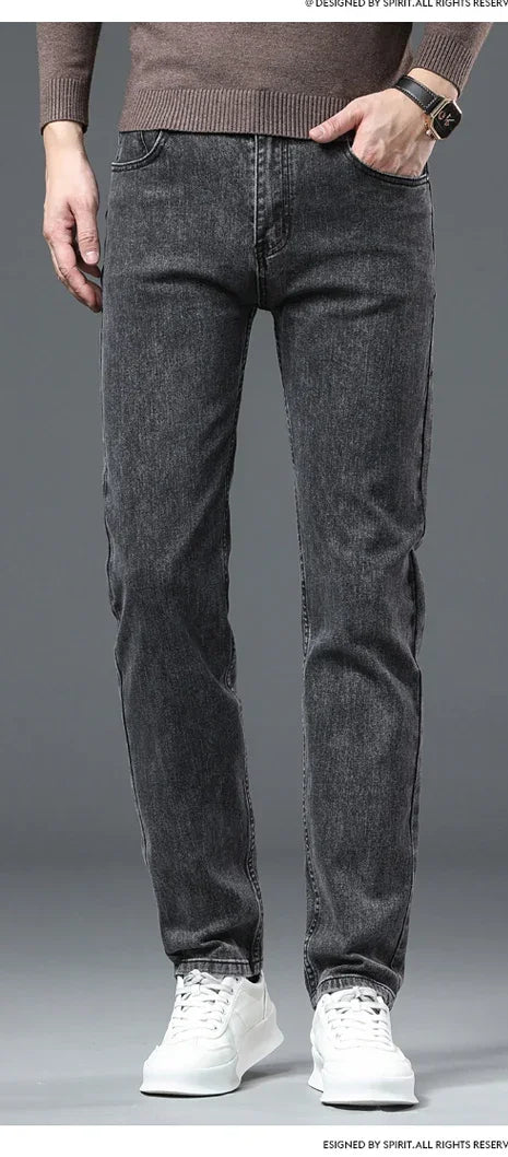 2025 Spring New Men's Straight Jeans Elastic Pant Classic Smoke Gray Casual Wear Mid Waist Casual Trousers Black Male Brand
