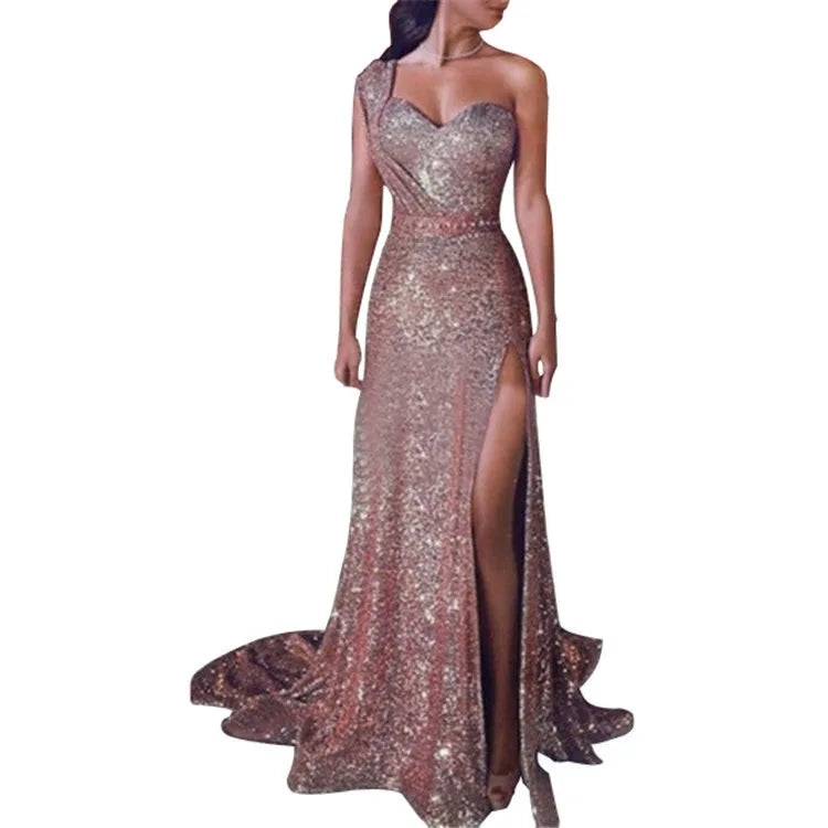 Explosive European and American women's sexy one-shoulder sleeveless gold hot dress slit long dress