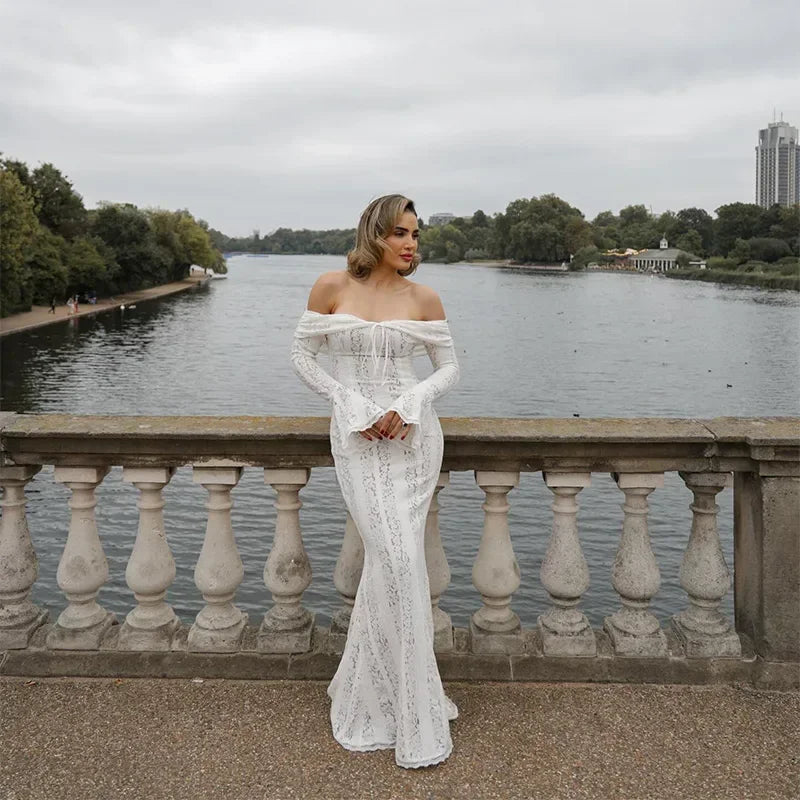 Sexy Women Hollow Out Slash Neck Lace Flared Sleeve Long Dress Elegant Laced Up Slim Fit Robes New Lady Evening Party Vestidos