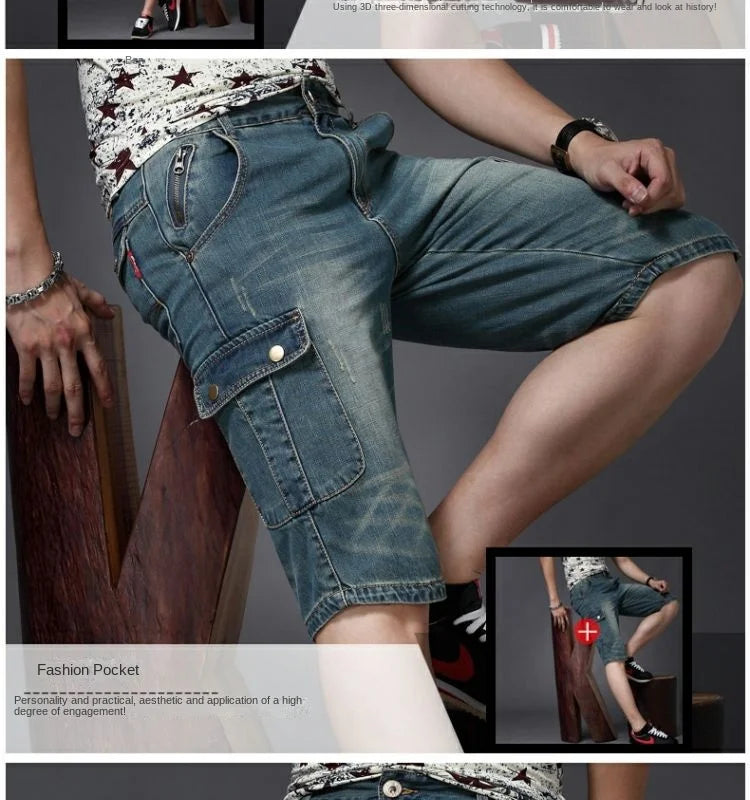 Summer Fashion Denim Jeans for Men Designer Knee Length Shorts Capri Loose Straight Leg Slim Casual Punk Workwear Cargo Shorts
