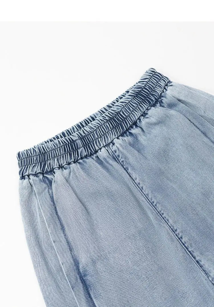 Jeans for Women Capris Embroidered Summer Elastic Waist Wide Leg Pants High Korean Women's Vintage Baggy Denim Popular Clothes