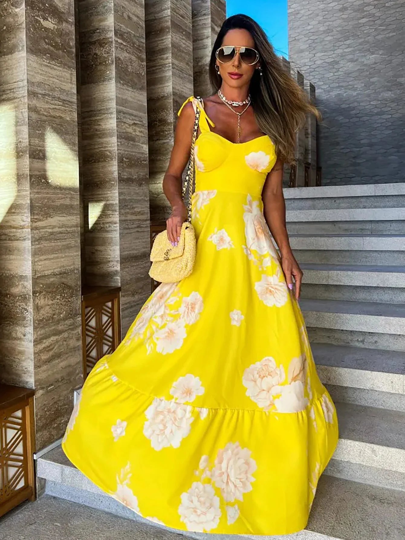 2024 Summer Print Long Dress Women Clothing Lace Up Sling Party Dresses Pattern Strappy Ladies Hollow Out V-Neck Beach Vestidos