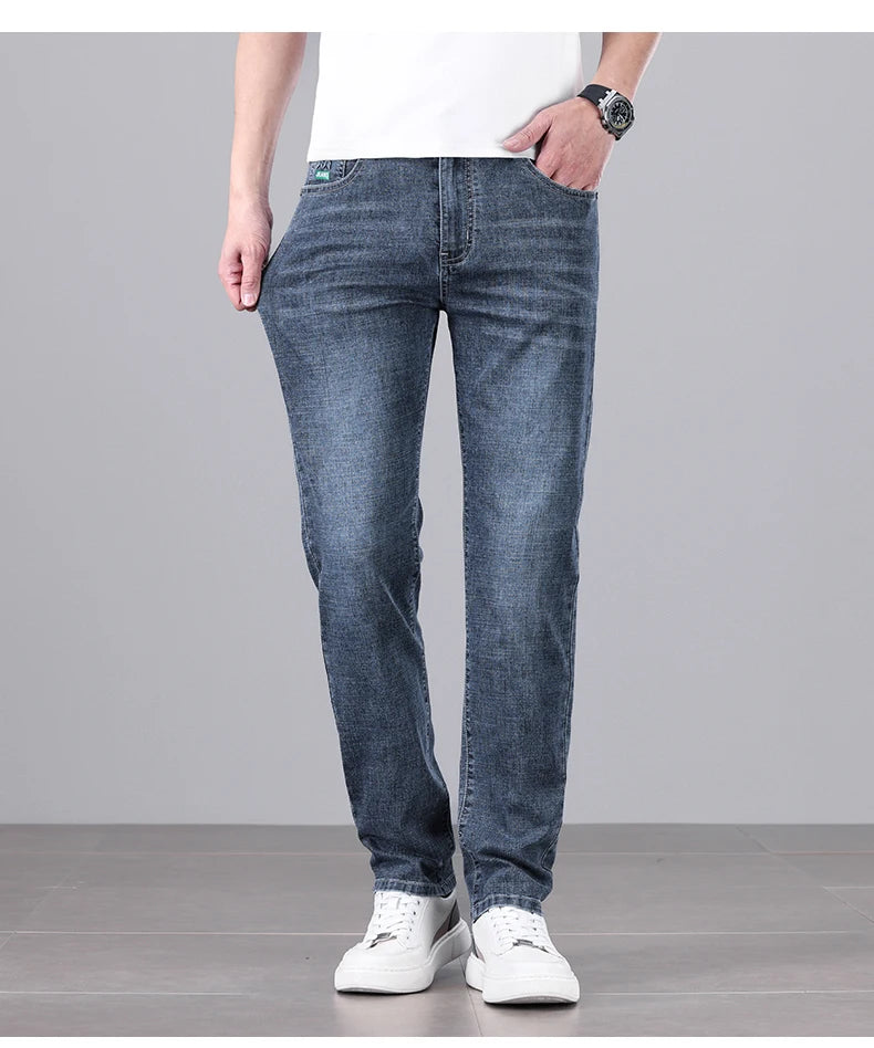 Men's Ultra-thin Stretch Casual Jeans New for Summer Business Fashion Straight Baggy Denim Trousers Blue Classic Style Male