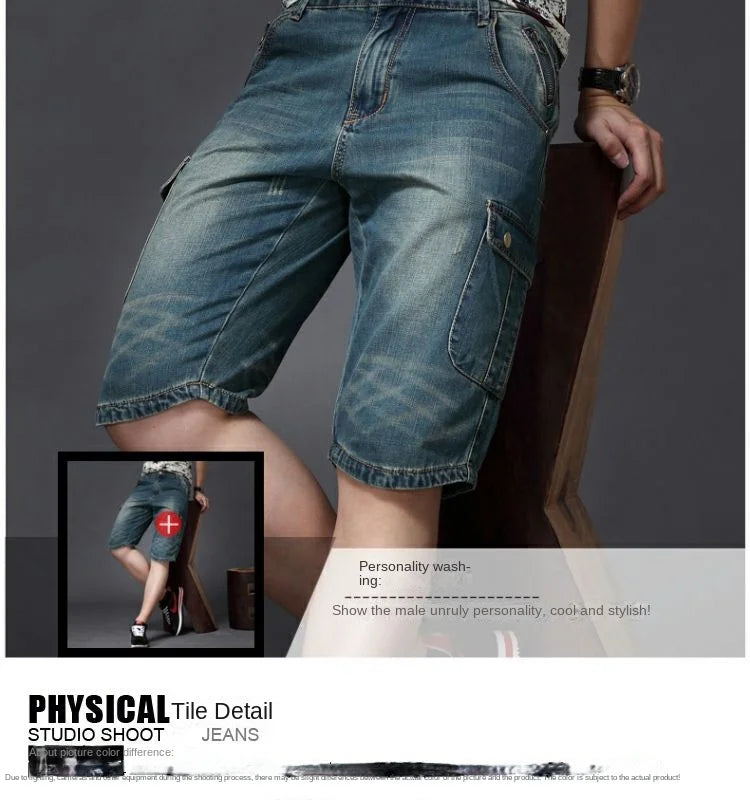 Summer Fashion Denim Jeans for Men Designer Knee Length Shorts Capri Loose Straight Leg Slim Casual Punk Workwear Cargo Shorts