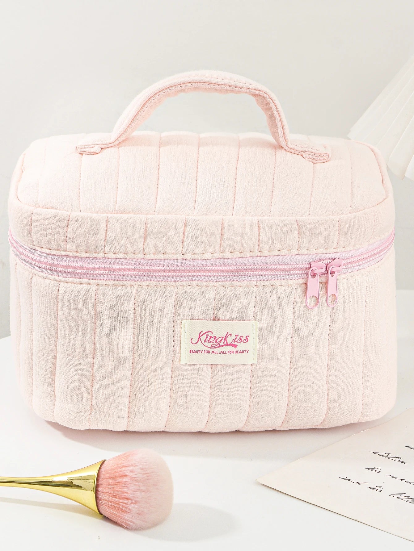 1pc/set pink quilted makeup bag, multifunctional makeup bag, handheld makeup bag, portable makeup bag set with zipper