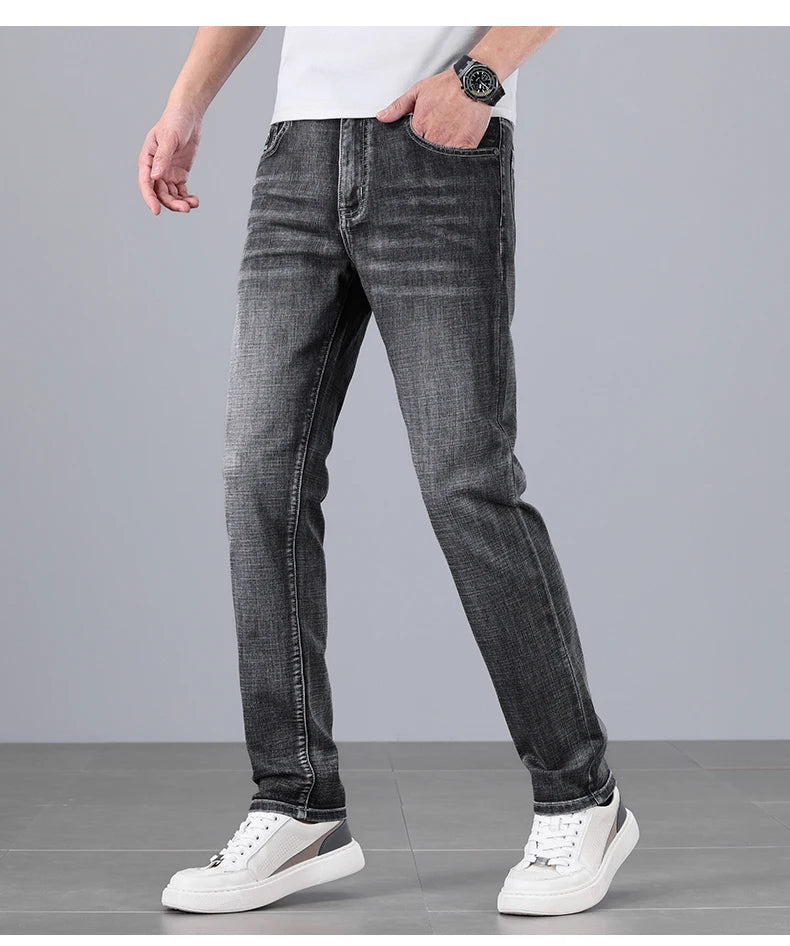 Men's Ultra-thin Stretch Casual Jeans New for Summer Business Fashion Straight Baggy Denim Trousers Blue Classic Style Male