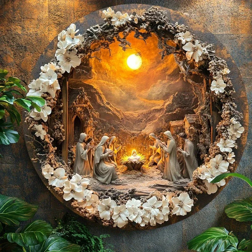 L'art mural en métal de la Nativité classique : une décoration religieuse vintage, résistante aux intempéries, qui embellit l'espace de vie de la maison