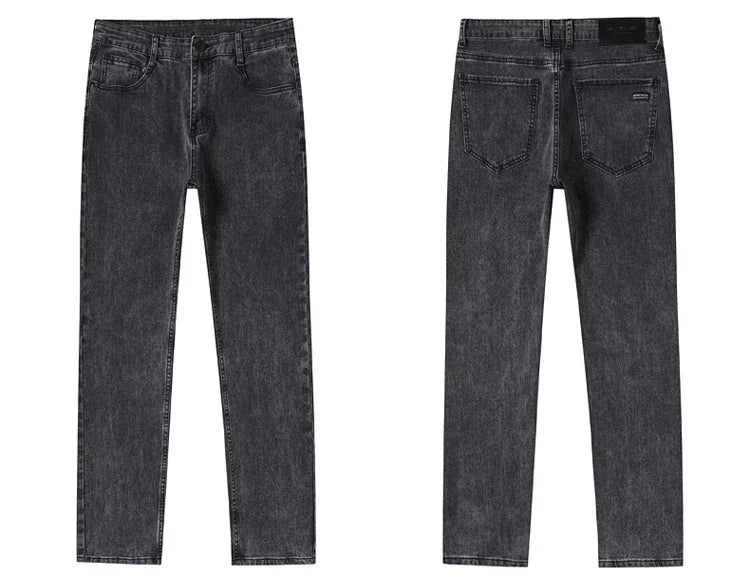 2025 Spring New Men's Straight Jeans Elastic Pant Classic Smoke Gray Casual Wear Mid Waist Casual Trousers Black Male Brand