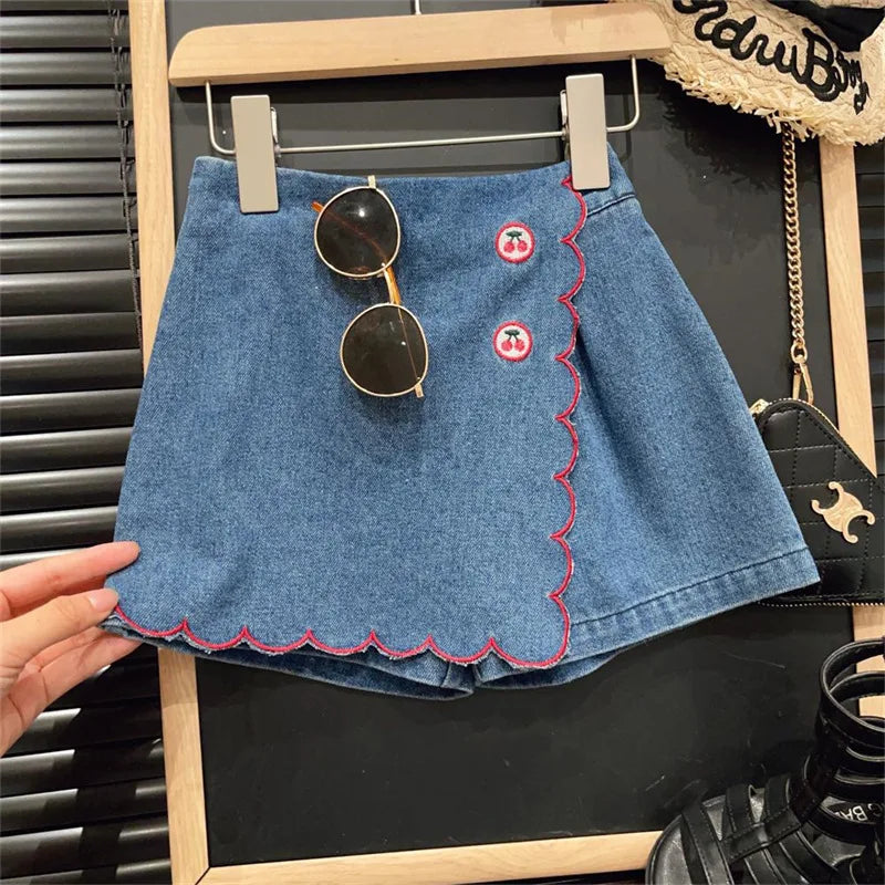 Children's Clothing Sets Lapel Sleeveless Top + Flip Cherry Embroidered Denim Shorts 2pcs Girls Clothes Set 2 To 7 Years