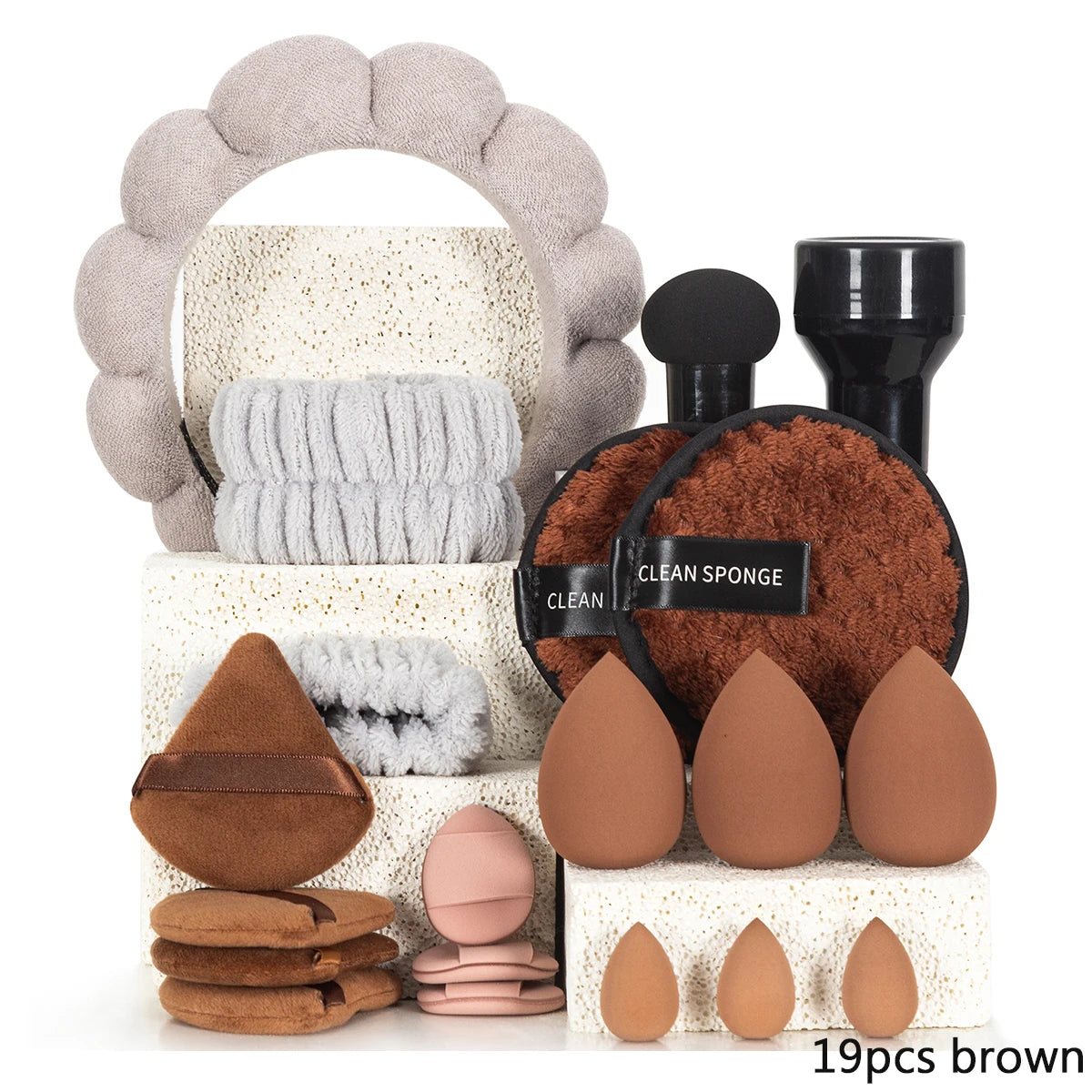 19pcs Makeup Puff and Sponge Set Makeup Tool Set Makeup Sponge Triangle Puff Finger Puff  Headband Wristband Makeup remover Puff
