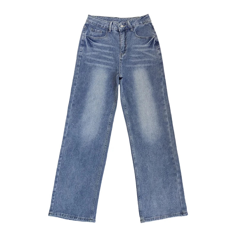 Women's classic washed jeans, slightly elastic, loose straight-leg wide-leg jeans, casual and versatile jeans for going out