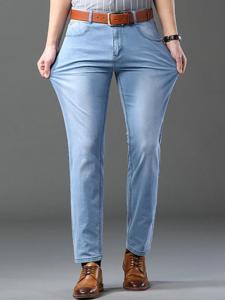 Men's Thin Jeans 2025 Summer New Style Business Casual Slim Fit Elastic Classic Style Trousers Sky Blue Pants Male size 28-40