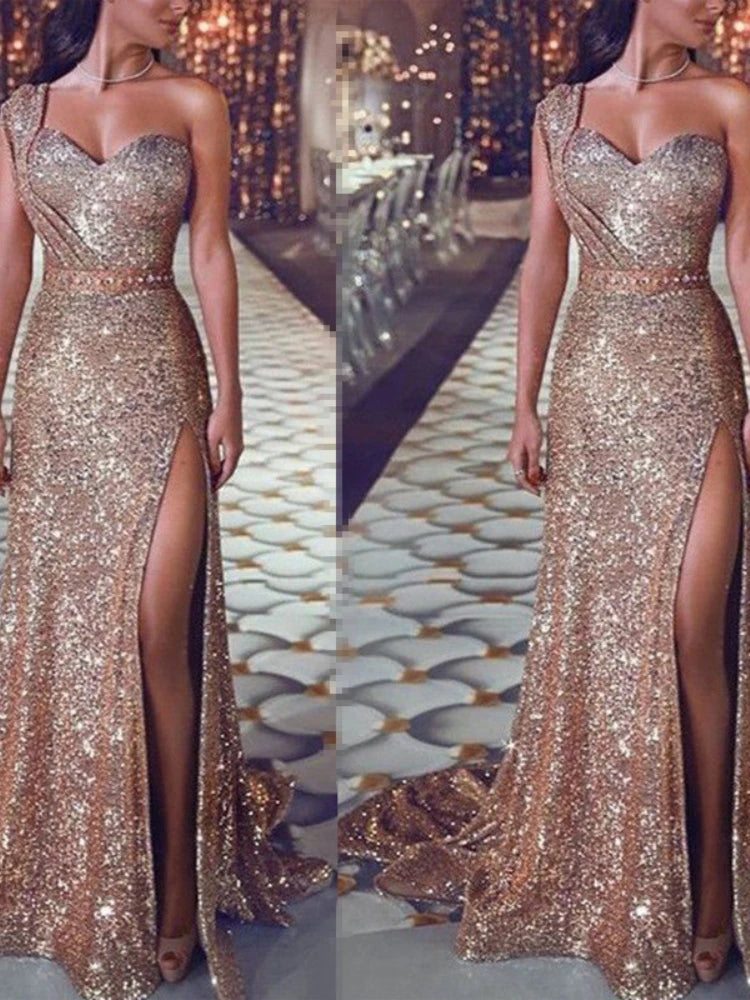 Explosive European and American women's sexy one-shoulder sleeveless gold hot dress slit long dress