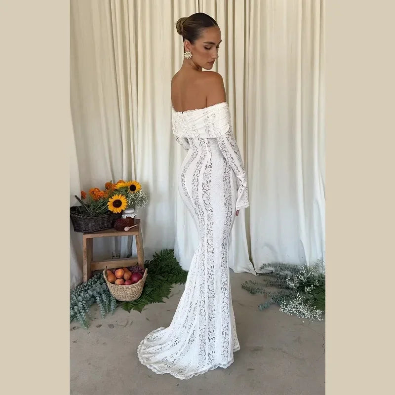Sexy Women Hollow Out Slash Neck Lace Flared Sleeve Long Dress Elegant Laced Up Slim Fit Robes New Lady Evening Party Vestidos