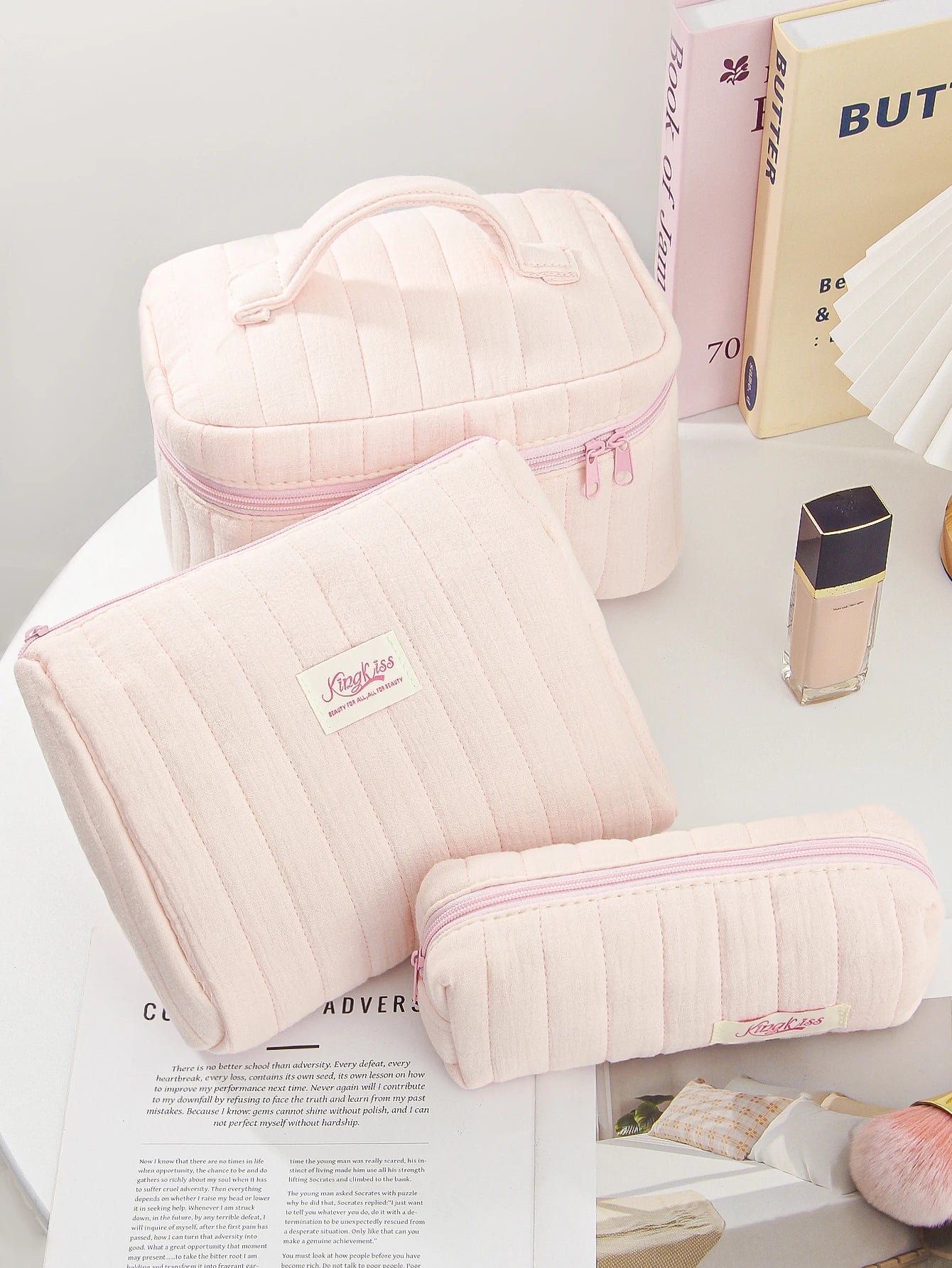 1pc/set pink quilted makeup bag, multifunctional makeup bag, handheld makeup bag, portable makeup bag set with zipper