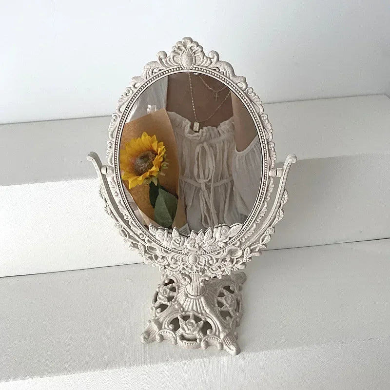 Vintage European Style Makeup Mirror Oval Shaped Cosmetic Mirror 360 Degree Rotating Swivel Desktop Vanity Mirror Home Decor