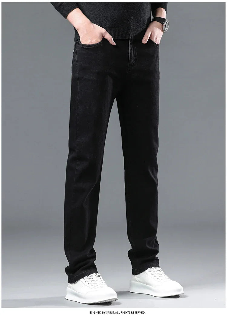 2025 Spring New Men's Straight Jeans Elastic Pant Classic Smoke Gray Casual Wear Mid Waist Casual Trousers Black Male Brand
